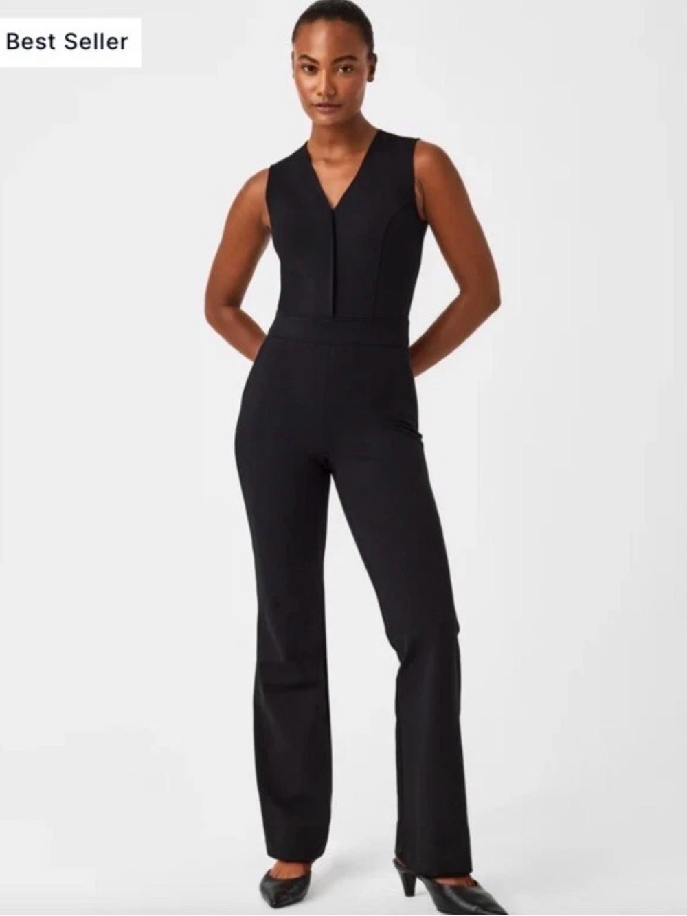 Spanx The Perfect Jumpsuit Black Ponte Knit Flare Leg Body Shaping Jumpsuit M